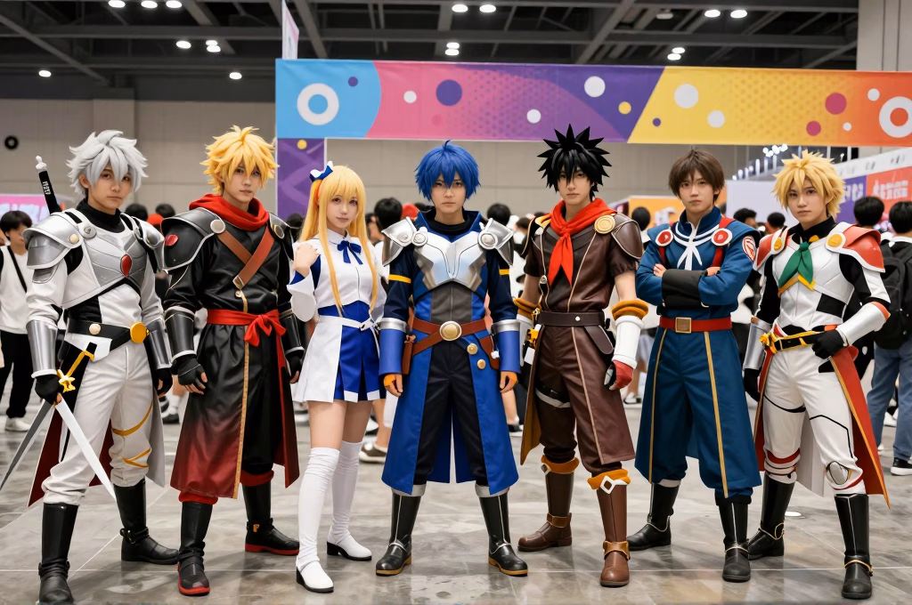 Groupe diversifié de cosplayers portant des costumes élaborés de personnages manga et anime dans un hall de convention vibrant avec bannières colorées