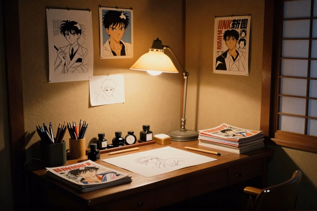 Atelier d'artiste manga japonais des années 1960 avec outils de dessin traditionnels, encre et planches de référence dans un intérieur vintage