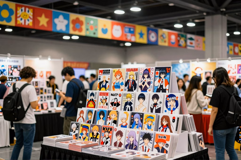 Hall de convention anime et manga vibrant avec decorations colorees et stands d'exposition d'oeuvres manga