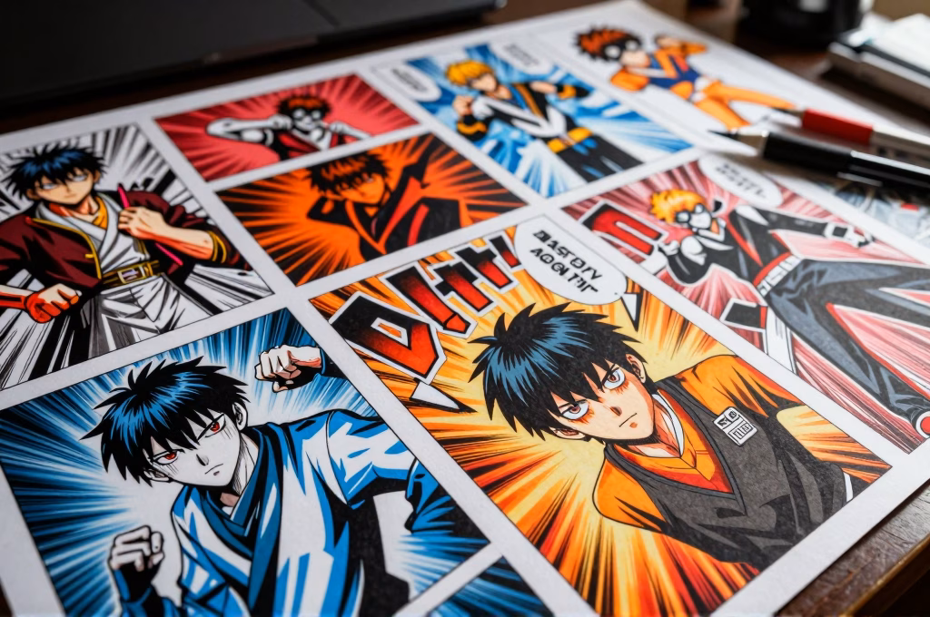 Pages de manga shonen dynamiques etalees sur un bureau avec outils de dessin et couleurs vives d'action