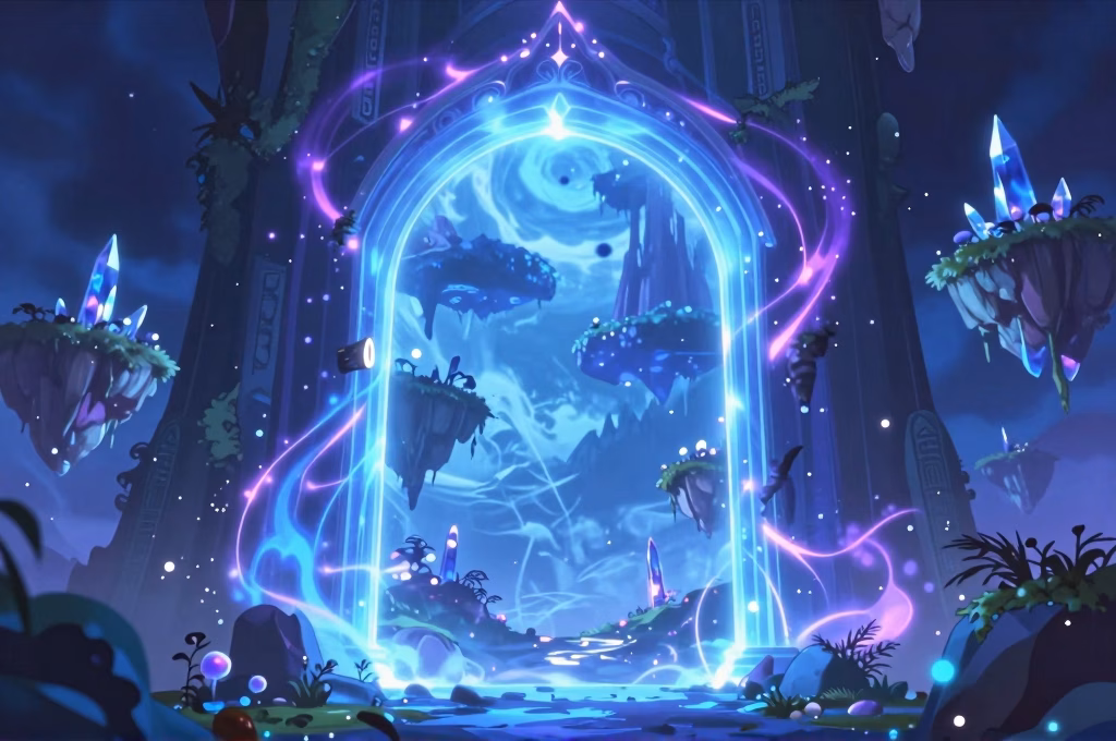 Un portail magique brillant aux energies bleues et violettes s'ouvrant sur un paysage fantastique surrealiste avec iles flottantes et tours de cristal