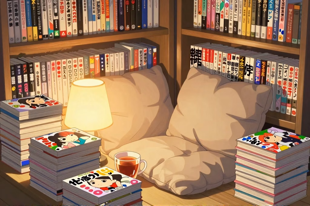 Un coin douillet de lecture avec des piles de light novels et mangas japonais, lumiere chaude d'une lampe, coussins confortables, une tasse de the, bibliotheques remplies d'epines colorees de mangas en arriere-plan