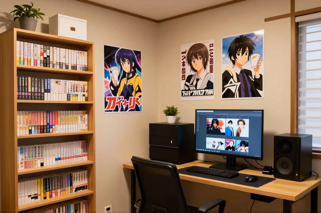 Espace otaku moderne : chambre japonaise avec manga, anime et streaming