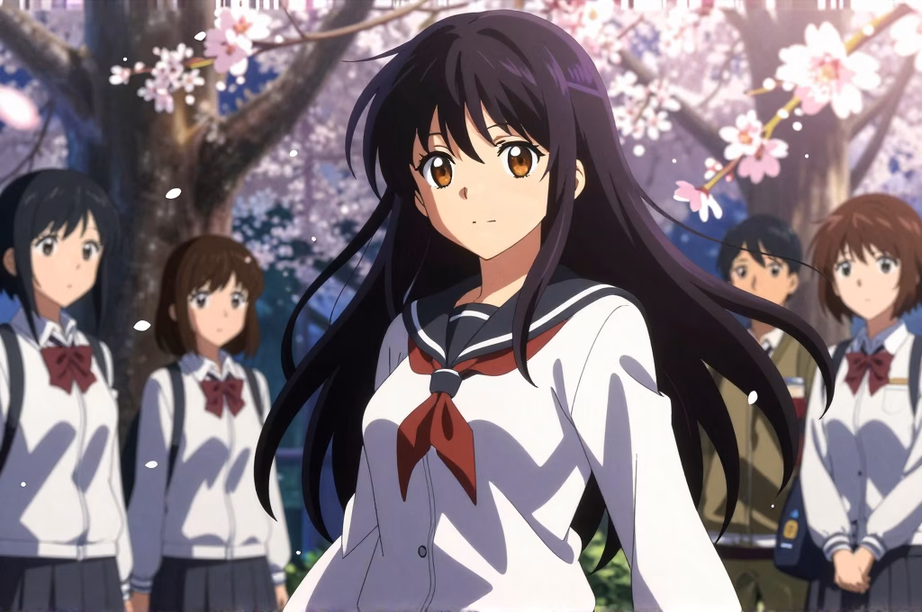 Personnage senpai charismatique dans un anime japonais avec cerisiers en fleurs