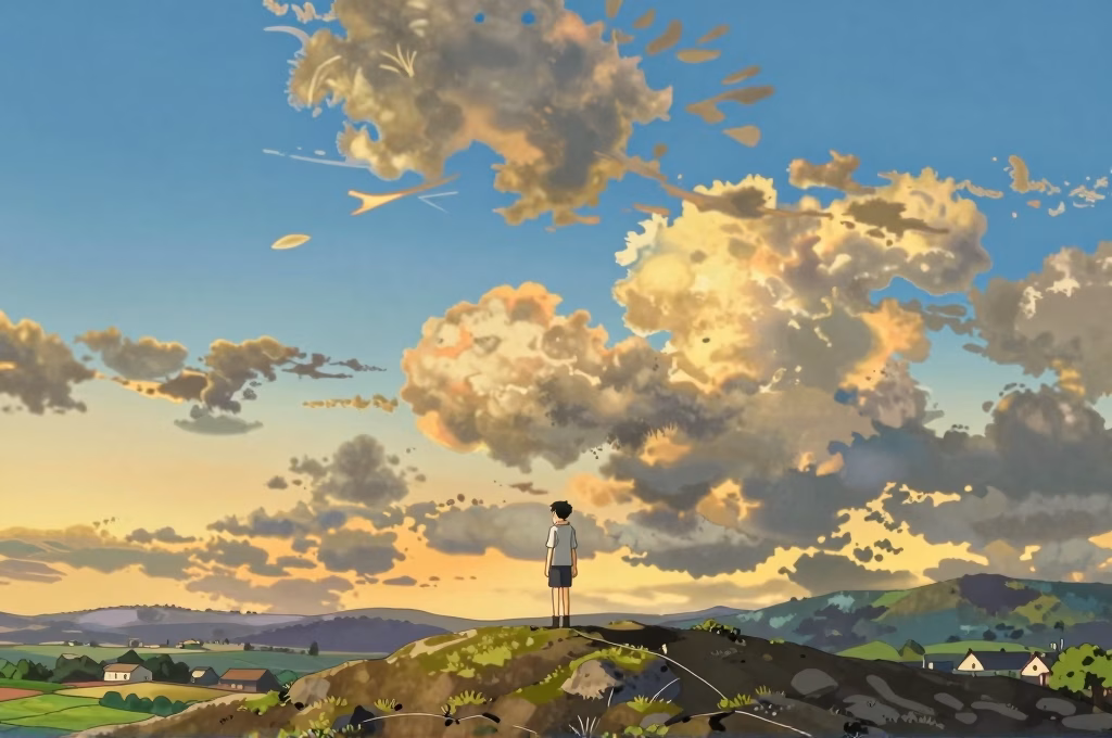 Scène cinématique d'anime : personnage contemplant un paysage japonais au coucher du soleil
