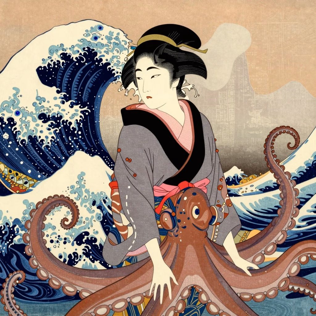 Illustration artistique inspirée de l'estampe d'Hokusai, origines de la controverse tentacle
