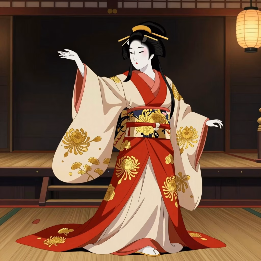 Onnagata kabuki époque Edo : acteur androgyne en costume traditionnel, inspiration estampes shunga