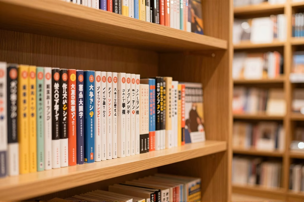 Rayonnage de librairie japonaise rempli de light novels aux tranches colorées