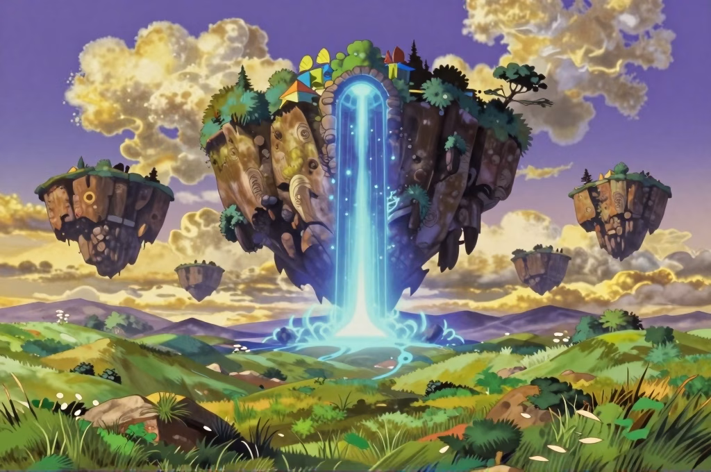 Paysage fantastique style anime évoquant les univers isekai des light novels
